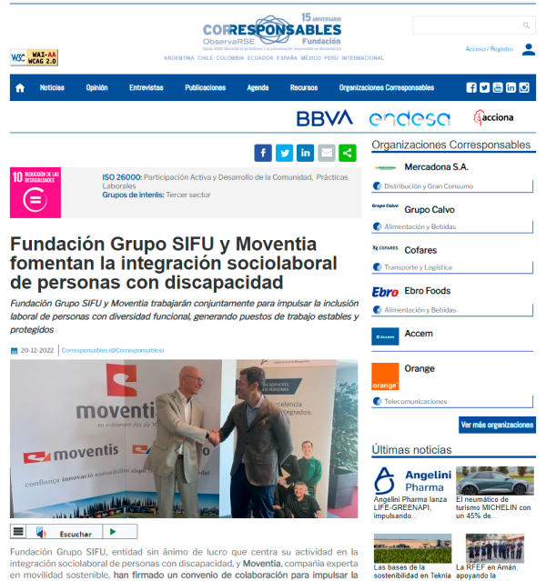 Fundación Grupo SIFU y Moventia fomentan la integración sociolaboral de personas con discapacidad